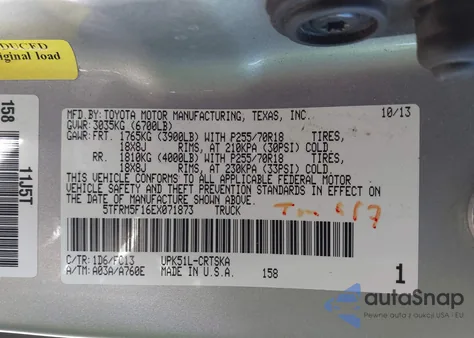 2014 Toyota Tundra Sr5 4.6L V8 z USA, uszkodzony, nr VIN 5TFRM5F16EX071873